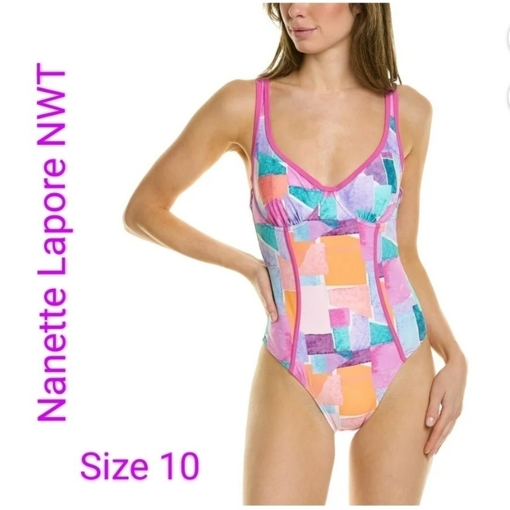 Nanette Lapore Swim Color Block 1 Piece Swimsuit NWT 10 Pink Multi
